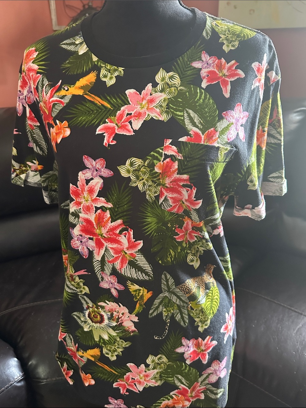 H&M Black Short-Sleeve Tee with Pink Floral & Green Leaf Print